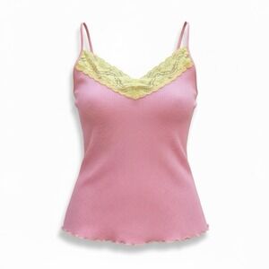 Vintage Y2K GAP Body Pink Waffle Knit‎ Lace Cami Top Medium Coquette